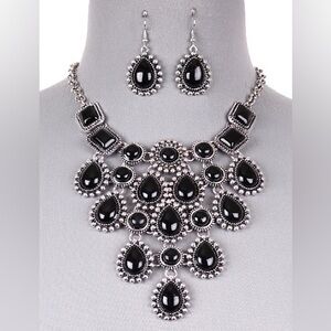 BLACK DANGLE DROP STONE NECKLACE EARRING SET SILVER TONE